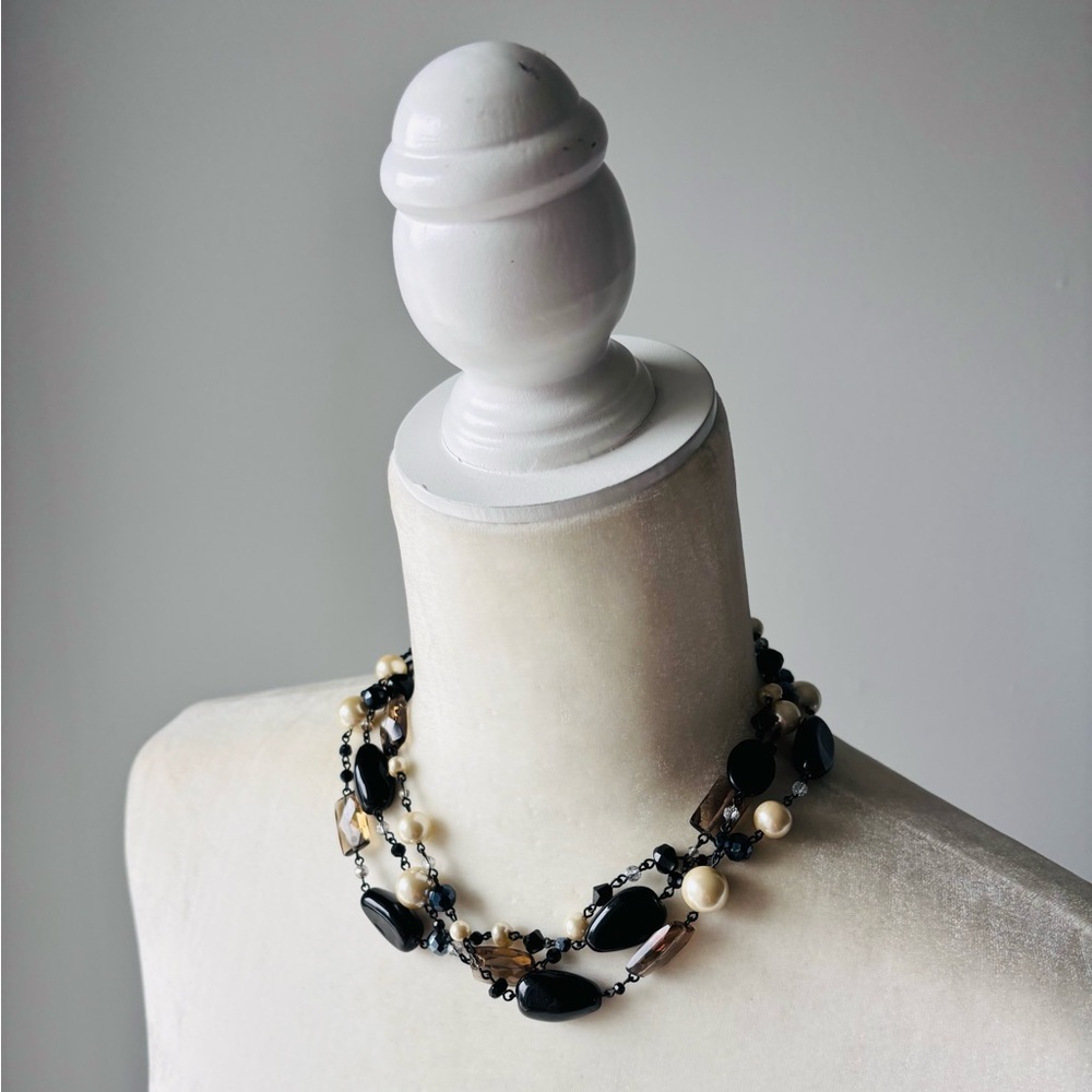 Elegant Black and Cream 3 Strands Beaded Necklace 20”
